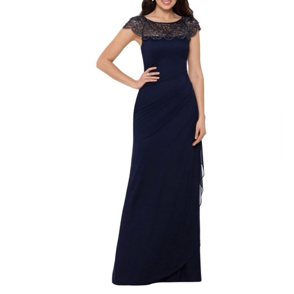 Xscape Beaded Gown Cap Sleeve Illusion Round Neck Ruched Prom evening